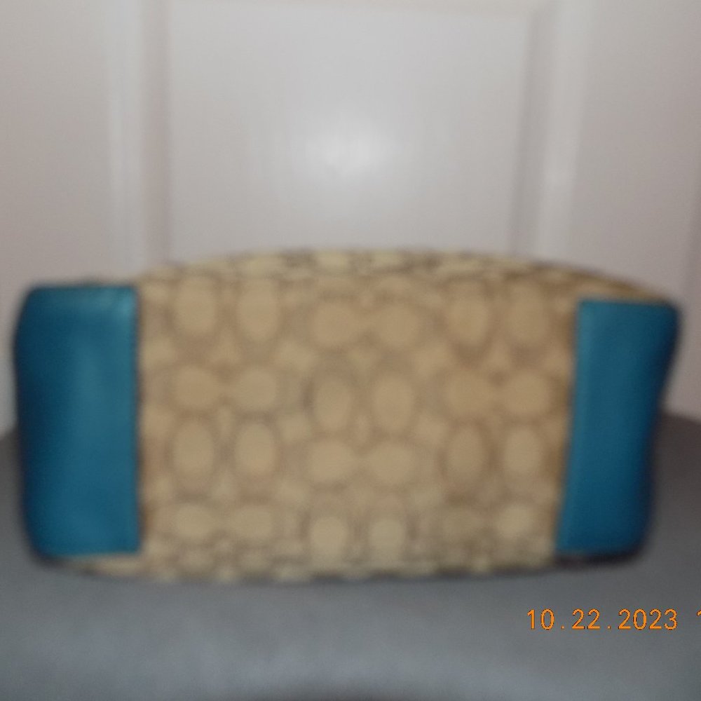 Coach Tan with Teal trim Jaquard Tote - Picture 3 of 9